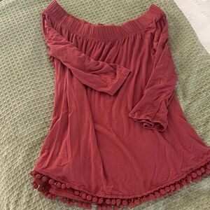 Pebble and Stone Off-Shoulder Rust Top with Pom Pom Trim Size Small